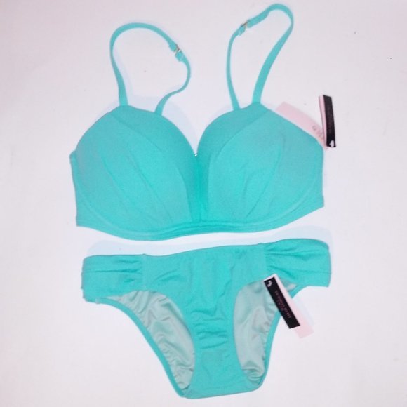 Victoria Secret Swim Bikini 32DD Top XS Bottom Aqua Seafoam Glow Push Up Halter - Picture 2 of 8